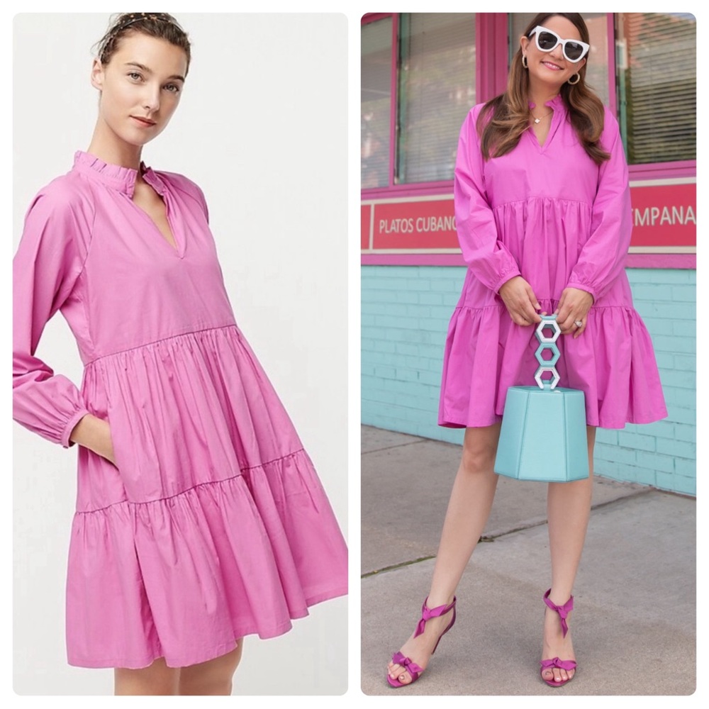 J. Crew Tiered Cotton Popover Dress in Pink Sz. MP Medium